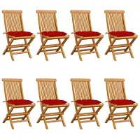 vidaXL Chaises de jardin avec coussins rouges 8 pcs. Bois massif teck