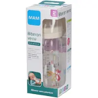 Mam Biberon en Verre Feel Good 260 ml, Tétine Débit 2, Blanc