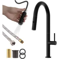 Granitan | Robinet de cuisine - haut - arc - noir - robinet de cuisine - 360 ° - avec flexible et tirer vers le bas bec - LIVIA