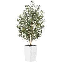 Unyqoos Arbre artificiel d'olivier, 150 cm, pour intérieur et extérieur – Tige en bois véritable, 1098 feuilles, 51 olives, branches réglables, pot blanc, résistant aux UV