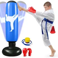 Unyqoos : Sac de frappe gonflable pour enfants, 160 cm, en PVC renforcé, avec gants de boxe et pompe à air, base stable (remplie d'eau ou de sable), idéal pour la boxe, le karaté et le kickboxing