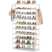Unyqoos Étagère à chaussures avec 10 niveaux, pour ranger 50 paires de chaussures – solution de rangement compacte, blanche, dimensions : 86 x 25 x 155 cm, 5 crochets par côté