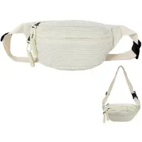 Unyqoos Sac bandoulière et ceinture en velours côtelé, couleur crème – bandoulière réglable, 3 compartiments zippés, compartiment anti-vol, modèle unie pour le sport et la vie quotidienne
