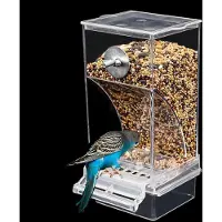 Unyqoos Distributeur automatique de graines pour oiseaux transparent , avec perche en plastique, adapté aux petits et moyens oiseaux, tels que les perruches ondulées et les perruches ondulées