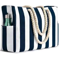 Unyqoos Grand sac de plage, 55 x 38 x 18 cm – imperméable et léger, pliable, pouvant contenir 4 à 6 serviettes de plage, à rayures avec des poignées beiges, avec poches intérieures et latérales