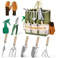 Unyqoos Ensemble complet d'outils de jardin , avec sac de transport et de rangement, outils en acier inoxydable, poignées en bois antidérapantes et pelle avec marquage de profondeur