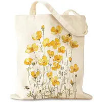 Unyqoos Sac cabas en toile avec motif floral jaune sur fond blanc, dimensions 40 x 35,5 cm, hauteur des anses 28 cm – sac léger, lavable, idéal pour le quotidien et les courses