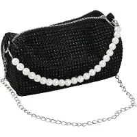 Unyqoos Élégante pochette noire ornée de strass – Sac de soirée pour occasions spéciales, 17,5 x 10 x 9 cm, doublure intérieure en polyester, anse en perles et chaîne amovible de 120 cm