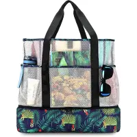 Unyqoos Grand sac de plage pliable, 48 x 40 x 19 cm – 6 compartiments en filet, sac isotherme étanche en PEVA, 2 poches intérieures anti-vol, pour femmes et voyages