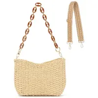 Unyqoos Sac en paille tressée pour femmes - sac de plage et sac à bandoulière beige, avec une bandoulière en chaîne de 60 cm, doublure en polyester, dimensions : 25 x 16 x 8 cm, taille unique