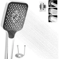 Unyqoos Douche économique en eau, pommeau de douche de 105 mm avec flexible et support, 3 types de jets, ABS chromé, argenté, raccord universel G12