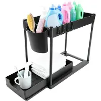 Unyqoos Organisateur de placard extensible en 2 niveaux, avec bord antidérapant de 5,3 cm, en plastique – gain de place pour la cuisine, la salle de bain et le bureau