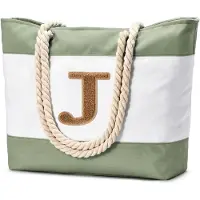 Unyqoos Sac cabas pour femmes, 52 x 36 x 17 cm – grand sac de plage imperméable avec 3 compartiments intérieurs, des poignées en corde souple et des initiales brodées en chenille