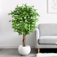 Unyqoos Ficus artificiel, 150 cm – réaliste, avec 756 feuilles en soie, 3 troncs en bois massif torsadés, pot en plastique noir avec base en ciment, facile d'entretien
