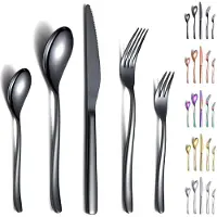 Unyqoos Ensemble de couverts de 30 pièces, en acier inoxydable, de couleur noire, pour 6 personnes, avec revêtement en titane noir, compatible lave-vaisselle