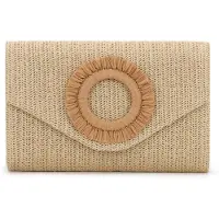 Unyqoos Pochette en raphia tressé pour femmes, avec doublure en polyester, dimensions 22 x 6 x 15 cm, chaîne amovible de 120 cm, fermeture magnétique