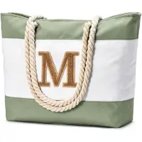 Unyqoos Sac de plage étanche pour femmes, grand format (52 x 36 x 17 cm) – grand sac de plage avec 3 poches intérieures, initiales brodées, et poignées en corde souple