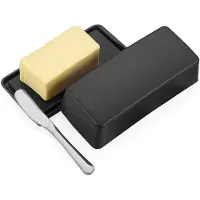 Unyqoos Boîte à beurre noire avec couvercle hermétique, 17,5 x 8,5 x 5,5 cm – inclut un couteau en acier inoxydable de 14 cm, adapté aux aliments, polyvalente pour le beurre et le fromage