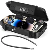 Unyqoos Coffre-fort de voyage portable et étanche, avec serrure à combinaison à 4 chiffres, noir, 20 x 10 x 4 cm, boîtier en ABS, intérieur en EVA, câble en acier amovible