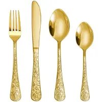 Unyqoos Ensemble de couverts de 24 pièces pour 6 personnes, design vintage doré avec motif de sculpture sur bois, en acier inoxydable
