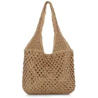 Unyqoos Sac de plage en paille tressée pour femmes, grand modèle – Sac bandoulière bohème, dimensions 36 x 30 x 5 cm, couleur naturelle, fermeture magnétique