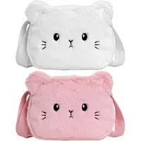 Unyqoos Ensemble de deux sacs bandoulière en peluche pour filles, unie, aux motifs chat, de couleur blanche et rose, avec bandoulières réglables et un design adorable