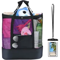 Unyqoos Sac de plage pliable en mesh de grande taille (50 x 40 x 15 cm) , avec compartiment isotherme de 12 cm, fond anti-sable, poche étanche et bandoulière à velcro
