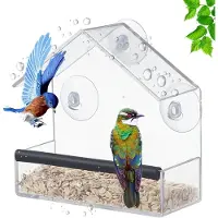 Unyqoos Distributeur de graines pour oiseaux transparent en acrylique, de la marque , équipé de ventouses puissantes, dimensions : 15 x 6 x 15 cm, idéal pour les petits oiseaux