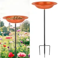 Unyqoos Bain pour oiseaux en métal avec station d'alimentation intégrée – Bain et mangeoire, 5 piquets pour fixation au sol, amovible, résistant à la rouille et aux intempéries