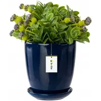 BOTLE Pot De Fleur Bleu Foncé Avec Soucoupe Rond Dimensions 320 Mm X 345 Mm Surface Brillant Céramique Glamour Moderne