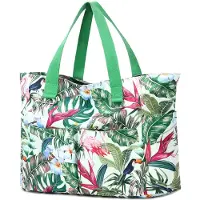 Unyqoos Sac de plage extra large, 57 x 20 x 39 cm – doublure intérieure étanche à l'eau et au sable, fermeture éclair, motif floral coloré, 8 compartiments, bretelles d'épaule larges