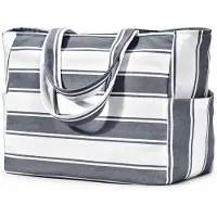 Unyqoos Grand sac de plage et de voyage multifonctionnel pour femmes, 40 litres (52 x 22 x 33 cm), en polyester résistant à l'eau et aux déchirures, motif à rayures, couleur gris foncé