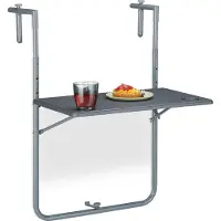 Relaxdays Table suspendue pliable pour balcon , L x P : 59,5 x 60 cm, réglable en hauteur sur 3 positions, 2 porte-boissons, table pour balustrade, gris