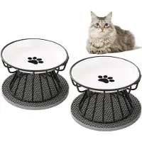 Unyqoos Ensemble de gamelles surélevées – deux bols en céramique blanche avec un support en acier noir revêtu, de 10 cm de hauteur, pour chats et petits chiens