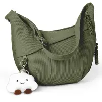 Unyqoos Sac bandoulière pour femmes – Sac en corde de forme demi-lune, bandoulière réglable, compartiment rembourré pour tablette, plusieurs poches et pendentif en forme de nuage