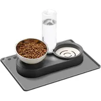 Unyqoos Gamelle double surélevée avec bouteille à eau à siphon, 2 gamelles en acier inoxydable et un grand tapis en silicone antidérapant – Station de nourriture et d'eau pour chats et petits chiens