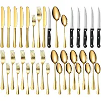 Unyqoos Ensemble de couverts de 36 pièces pour 6 personnes – acier inoxydable, finition dorée, manches ergonomiques, comprenant des couteaux à steak, facile d'entretien