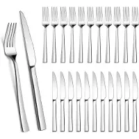 Unyqoos Ensemble de couverts pour steak de 24 pièces, couleur argentée, pour 12 personnes : acier inoxydable de qualité alimentaire, 12 couteaux rainurés et 12 fourchettes, avec manche ergonomique