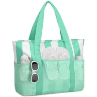 Unyqoos Sac de plage rayé pour femmes, en polyester résistant à l'eau, dimensions : 37,5 x 15 x 37,5 cm, bandoulière de 27 cm, poche en filet extérieure et compartiment pour les articles mouillés