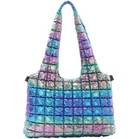 Unyqoos Sac cabas pour femmes, matelassé – Grand sac à main en nylon brillant avec effet holographique, doublure en polyester, poche intérieure zippée, bandoulière réglable et amovible