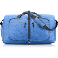 Unyqoos Sac de voyage pliable, 65 L – Sac de sport et sac de week-end étanche en tissu Oxford et nylon, bleu, avec compartiment à chaussures, poche extérieure zippée, 160 g