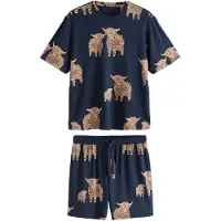 Next Pyjama court 'Hamish The Highland Cow' beige foncé / bleu nuit