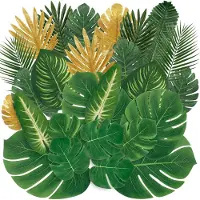 Unyqoos : Ensemble de 66 feuilles décoratives en polyester doux, imperméables et réutilisables, avec des motifs de palmiers, de tortues et d'oreilles d'éléphant, idéal pour une décoration tropicale