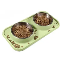 Unyqoos Station d'alimentation en silicone pour animaux de compagnie – surface antidérapante, base résistante à l'eau et 2 gamelles en acier inoxydable amovibles (354 ml) – couleur turquoise