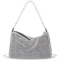 Unyqoos Pochette argentée ornée de paillettes et de strass, avec chaîne amovible, dimensions : 19 x 19 x 11 cm, revêtue de diamant et de polyester – élégante pochette de soirée pour femmes