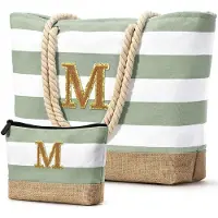 Unyqoos Sac de plage XXL rayé – imperméable avec fermeture éclair, pour femmes, 52 x 36 x 17 cm, tissu polyester, fond en paille robuste, pliable