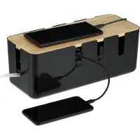 Relaxdays Boîtier de rangement pour câbles , pour 2 multiprises, couvercle en bois, plastique, pour dissimuler les câbles, D x L x H : 11,5 x 30,5 x 12,5 cm, noir