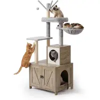 Relaxdays Arbre à chat avec meuble pour bac à litière, H x l x P : 150 x 60 x 49 cm, poteaux en sisal et niche, aspect bois, marron clair/blanc