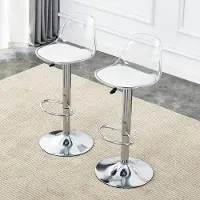 MODFU - Lot de 2 chaises de bar, chaises avec dossier en matériau transparent et pieds en métal argenté, chaise pivotante à 360°, hauteur réglable de 82 à 104 cm, fauteuil relax