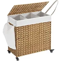 Songmics Panier à linge 140L en rotin avec couvercle, doublure et poignées